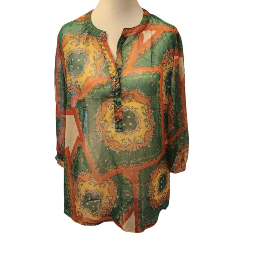 Umgee Green Orange Multicolor Boho Retro Sheer Tunic Pullover Coverup SZ XL